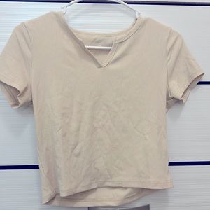 Beige Solid Notched Neck Tee
